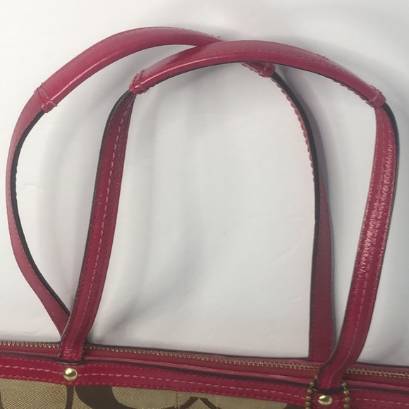Coach Khaki Signature Stripe Patent Shoulder Tote Red Bag Handbag 12429 - Picture 3 of 16